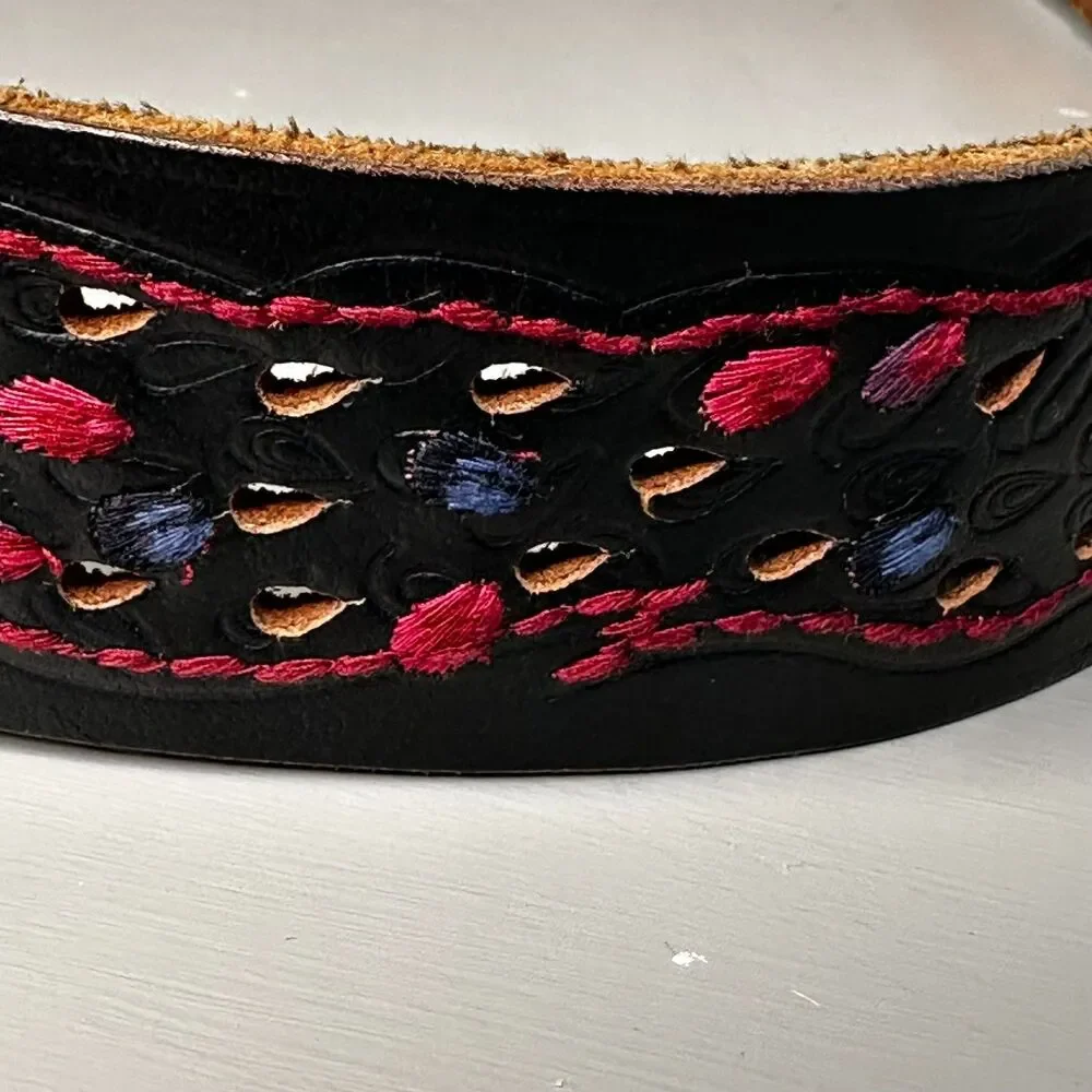 Lucky Brand Embroidered Peacock Black Leather Belt Large Studs Boho